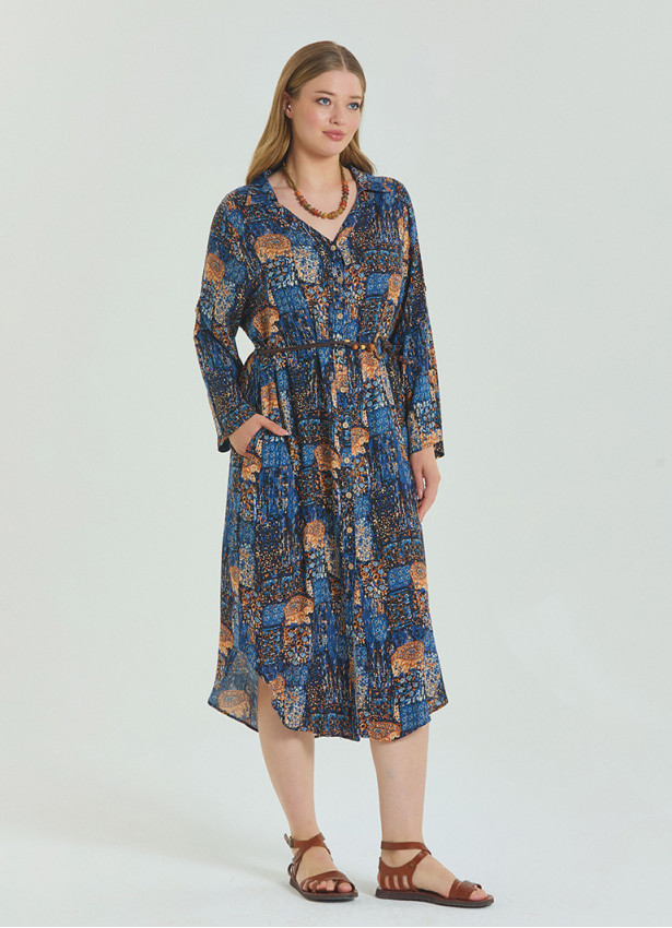Shirt Collar Belt Detailed Blue Bohemian Plus Size Dress 4613